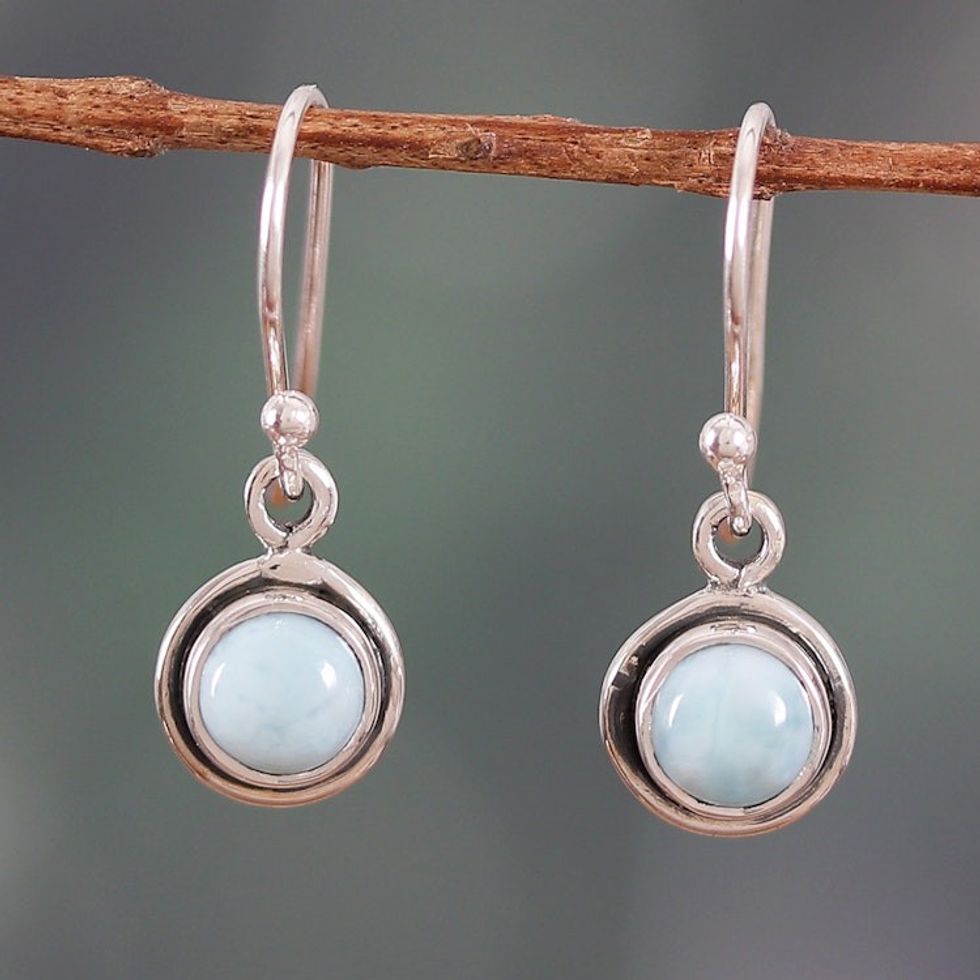 Sterling Silver Natural Larimar Cabochon Dangle Earrings 'Sky Love'