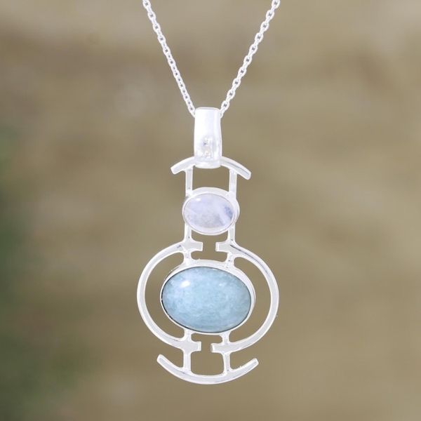 Alternate image for Aventurine and Rainbow Moonstone Pendant Necklace Sky Sisters