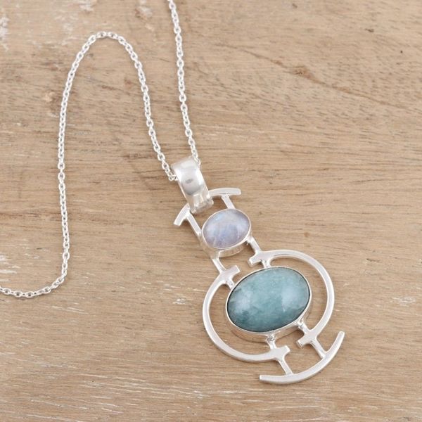 Alternate image for Aventurine and Rainbow Moonstone Pendant Necklace Sky Sisters