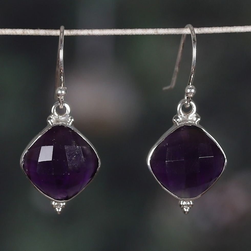 Artisan-Made Dangle Earrings with 33-Carat Faceted Amethyst 'Sagacious Kiss'
