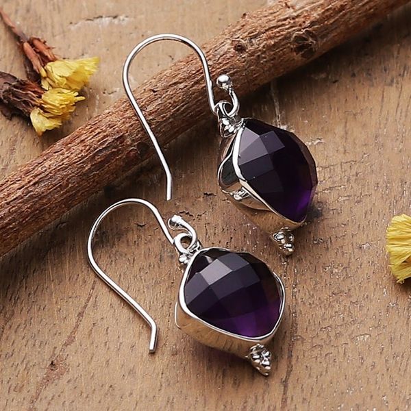 Alternate image for Artisan-Made Dangle Earrings with 33-Carat Faceted Amethyst Sagacious Kiss
