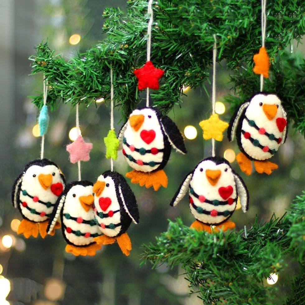 Set of 6 Handcrafted Wool Felt Christmas Penguin Ornaments 'Penguin Cheers'