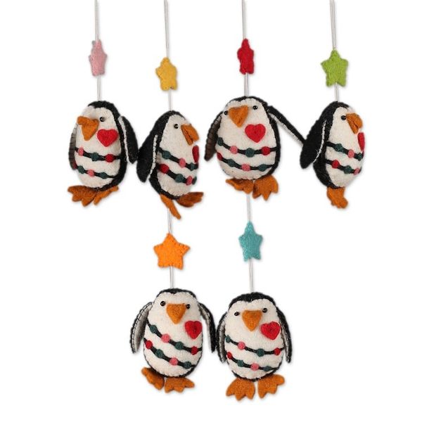 Alternate image for Set of 6 Handcrafted Wool Felt Christmas Penguin Ornaments Penguin Cheers