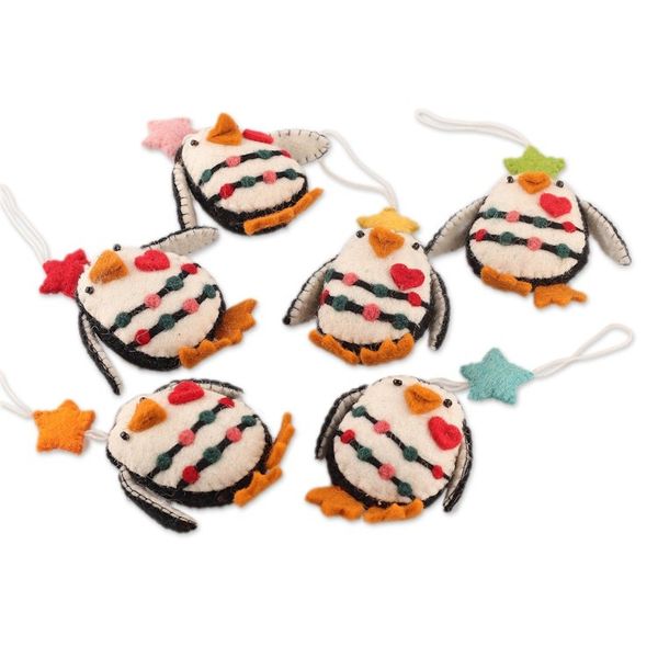 Alternate image for Set of 6 Handcrafted Wool Felt Christmas Penguin Ornaments Penguin Cheers