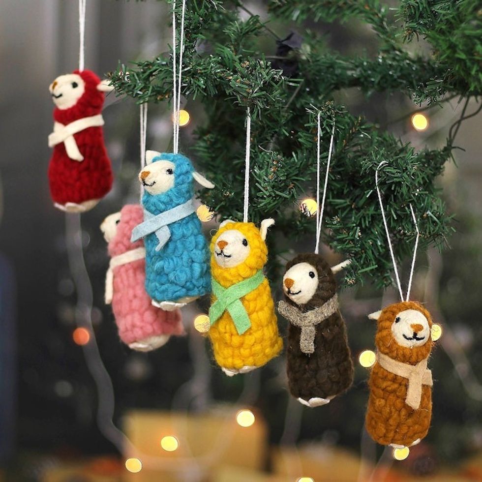 Set of 6 Handcrafted Embroidered Wool Sheep Ornaments 'Oneiric Sheep'