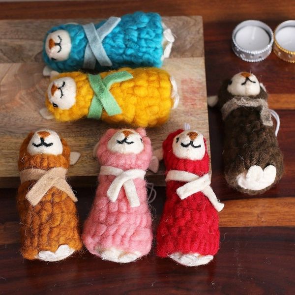 Alternate image for Set of 6 Handcrafted Embroidered Wool Sheep Ornaments Oneiric Sheep