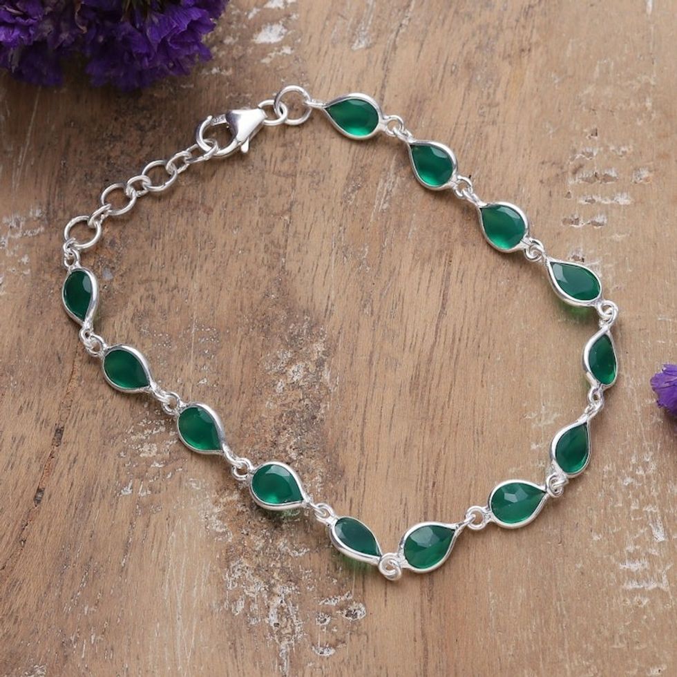 9-Carat Faceted Green Onyx Link Bracelet Crafted in India 'Savant Rain'