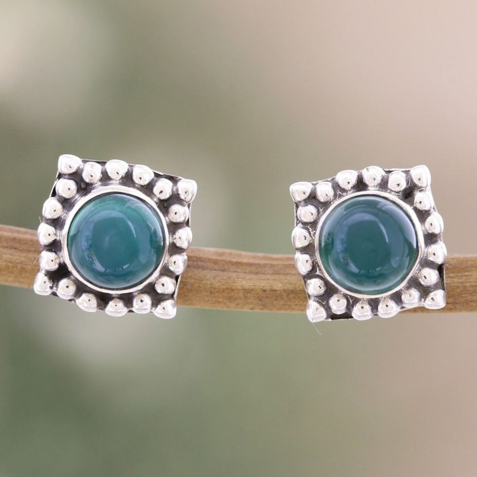 Square Sterling Silver Stud Earrings with Green Onyx Gems 'Intellect Light'