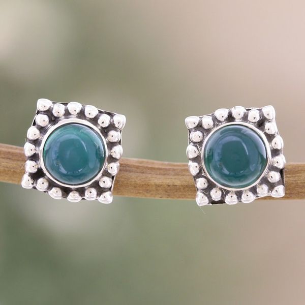 Alternate image for Square Sterling Silver Stud Earrings with Green Onyx Gems Intellect Light