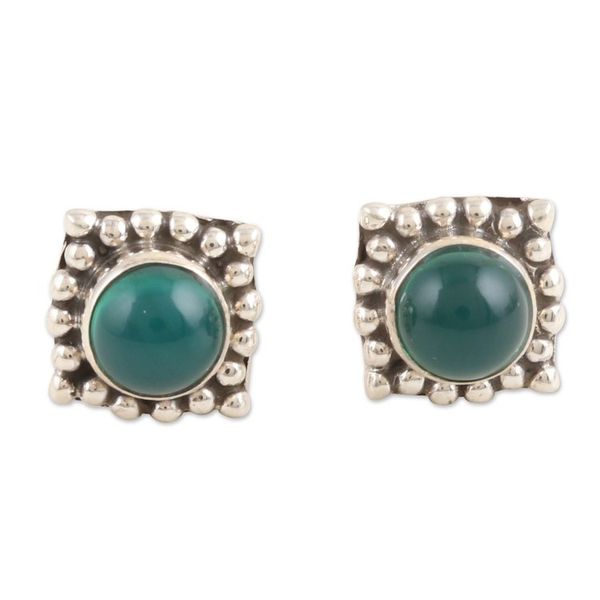 Alternate image for Square Sterling Silver Stud Earrings with Green Onyx Gems Intellect Light