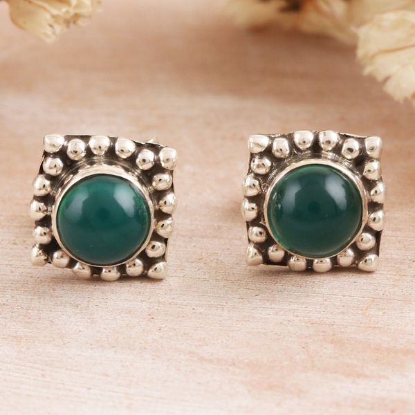 Alternate image for Square Sterling Silver Stud Earrings with Green Onyx Gems Intellect Light