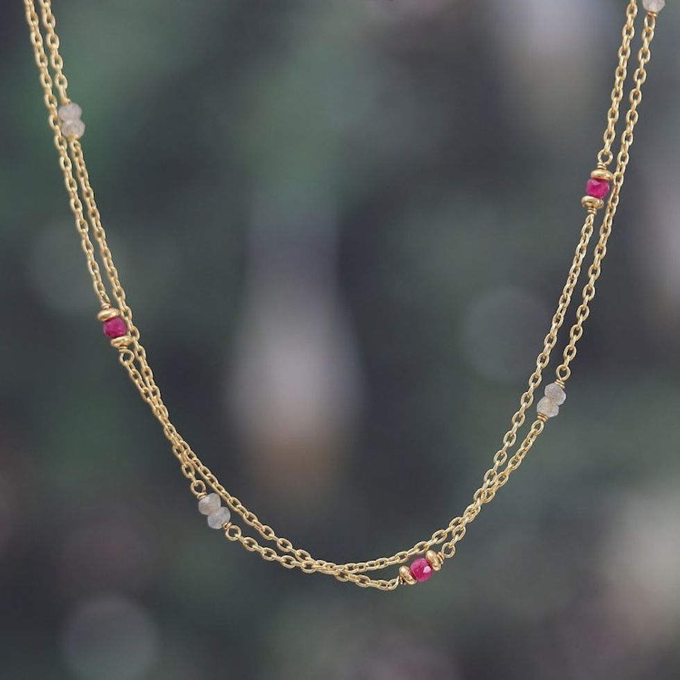 22k Gold-Plated Quartz and Labradorite Station Necklace 'Wheel of Fortune'