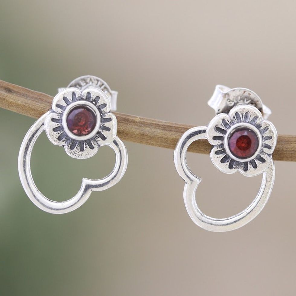 Flower and Heart Drop Earrings with Natural Garnet Gems 'Passion Petals'