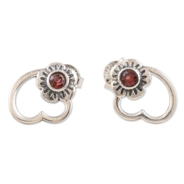 Alternate image for Flower and Heart Drop Earrings with Natural Garnet Gems Passion Petals