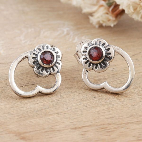 Alternate image for Flower and Heart Drop Earrings with Natural Garnet Gems Passion Petals