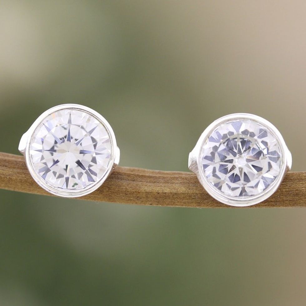 Polished Sterling Silver Cubic Zirconia Stud Earrings 'White Night'