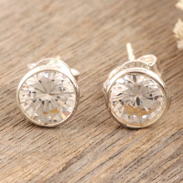 Alternate image for Polished Sterling Silver Cubic Zirconia Stud Earrings White Night
