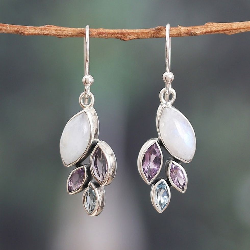 Leafy One-Carat Multi-Gemstone Dangle Earrings 'Realm of Harmony'