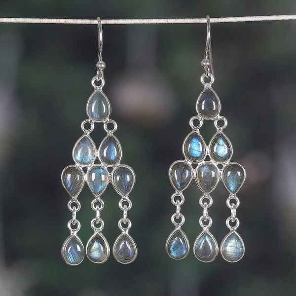 Alternate image for Polished Natural Labradorite Cabochon Chandelier Earrings Mystic Cascade