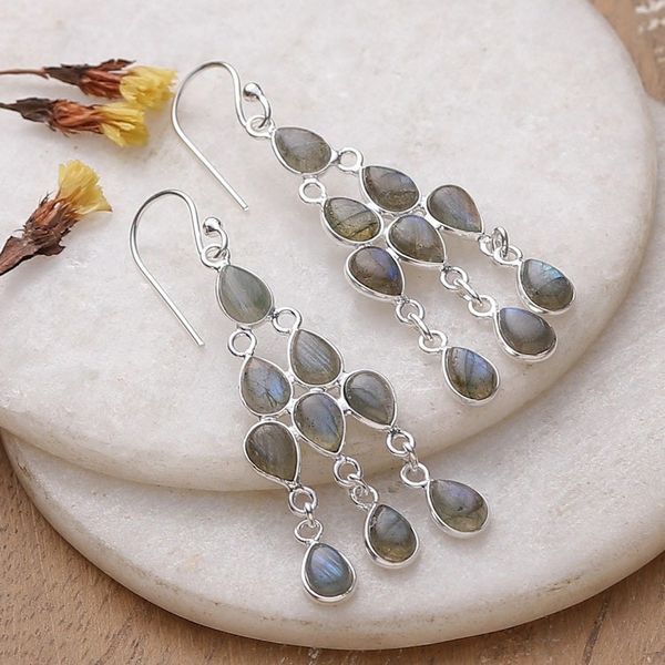 Alternate image for Polished Natural Labradorite Cabochon Chandelier Earrings Mystic Cascade