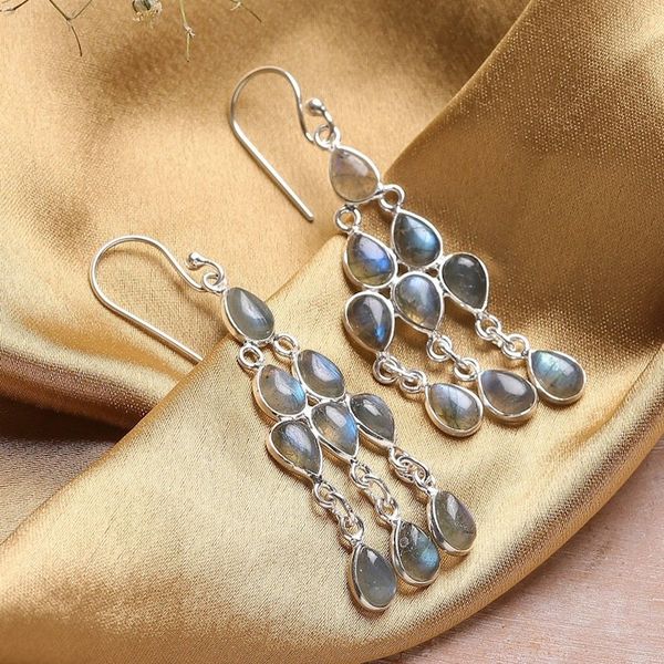 Alternate image for Polished Natural Labradorite Cabochon Chandelier Earrings Mystic Cascade