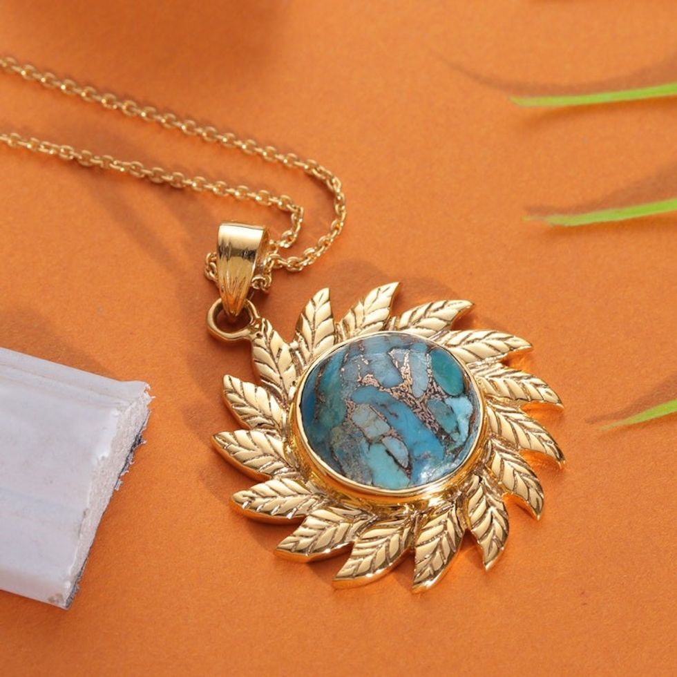 Sun-Themed Leafy Reconstituted Turquoise Pendant Necklace 'Arcadian Sun'
