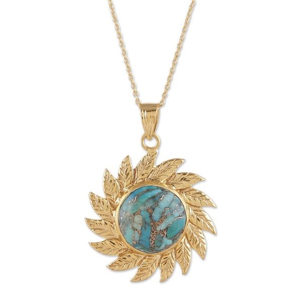 Alternate image for Sun-Themed Leafy Reconstituted Turquoise Pendant Necklace Arcadian Sun