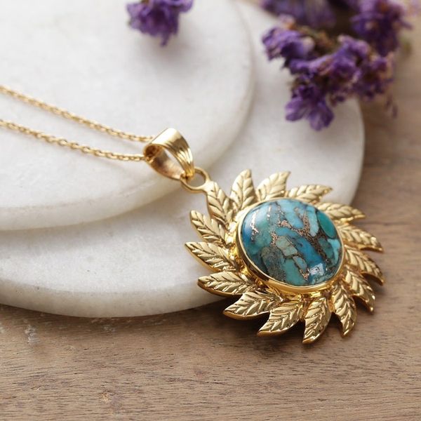 Alternate image for Sun-Themed Leafy Reconstituted Turquoise Pendant Necklace Arcadian Sun