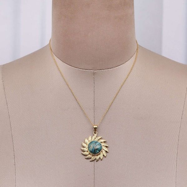 Alternate image for Sun-Themed Leafy Reconstituted Turquoise Pendant Necklace Arcadian Sun