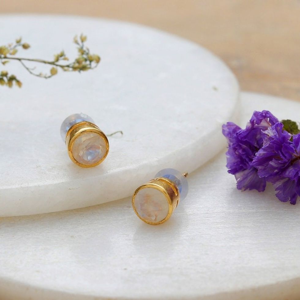 22k Gold-Plated Faceted Rainbow Moonstone Stud Earrings 'Misty World'