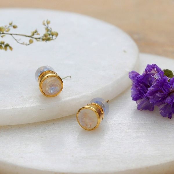 Alternate image for 22k Gold-Plated Faceted Rainbow Moonstone Stud Earrings Misty World