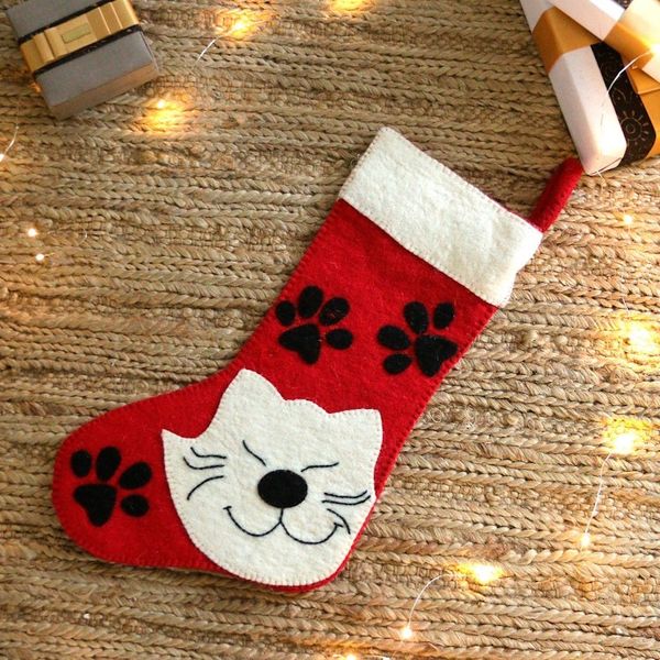 Alternate image for Handcrafted Cat-Themed Red and White Wool Felt Stocking Feline Eve