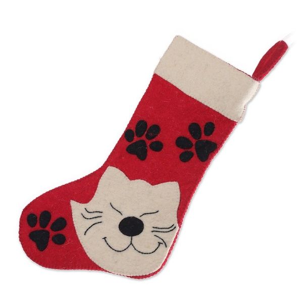 Alternate image for Handcrafted Cat-Themed Red and White Wool Felt Stocking Feline Eve