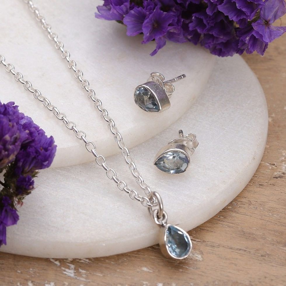 Necklace and Earring 925 Silver Jewelry Set with Blue Topaz 'Always Shine'