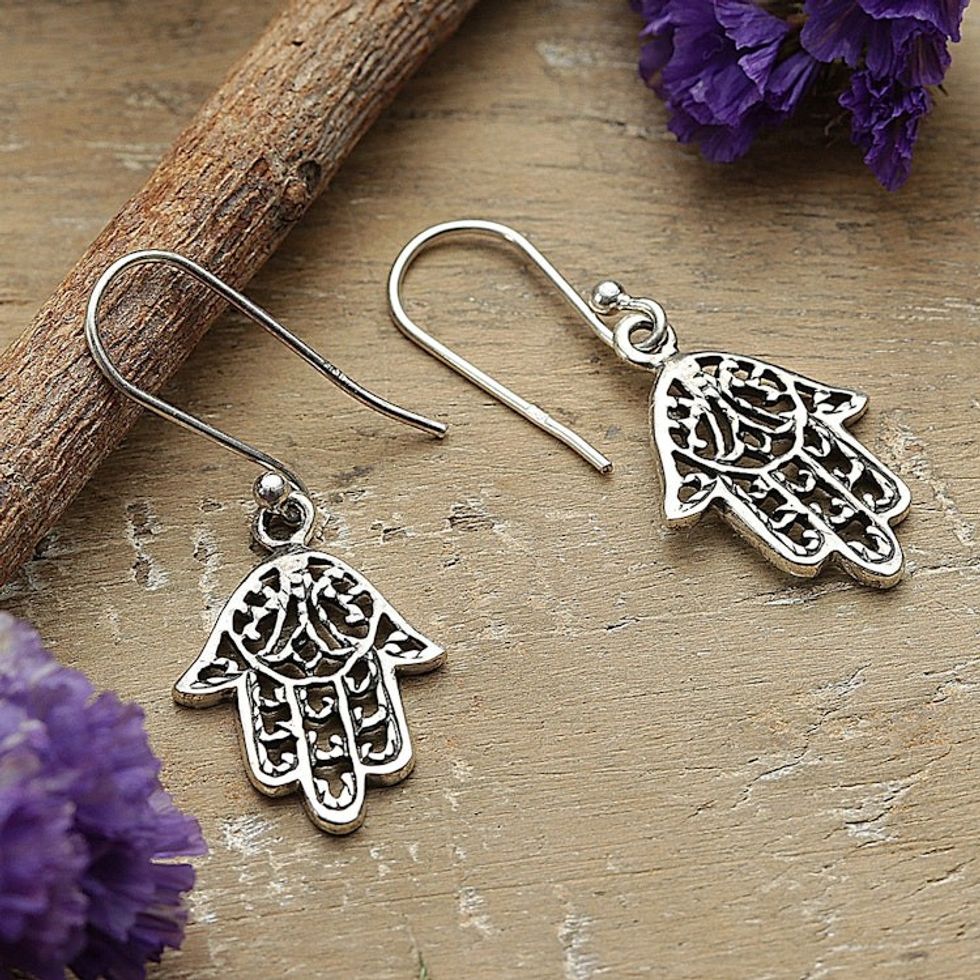 Sterling Silver Hamsa Protection Symbol Dangle Earrings 'Hamsa Delight'