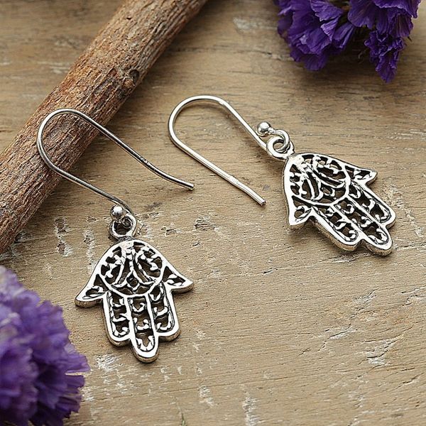 Alternate image for Sterling Silver Hamsa Protection Symbol Dangle Earrings Hamsa Delight