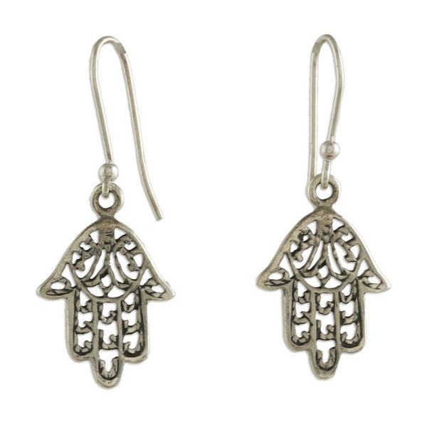 Alternate image for Sterling Silver Hamsa Protection Symbol Dangle Earrings Hamsa Delight