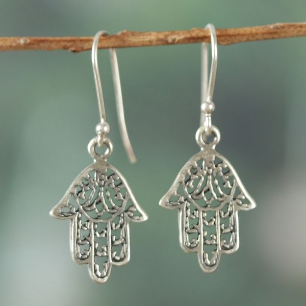 Alternate image for Sterling Silver Hamsa Protection Symbol Dangle Earrings Hamsa Delight