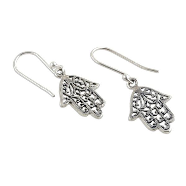Alternate image for Sterling Silver Hamsa Protection Symbol Dangle Earrings Hamsa Delight