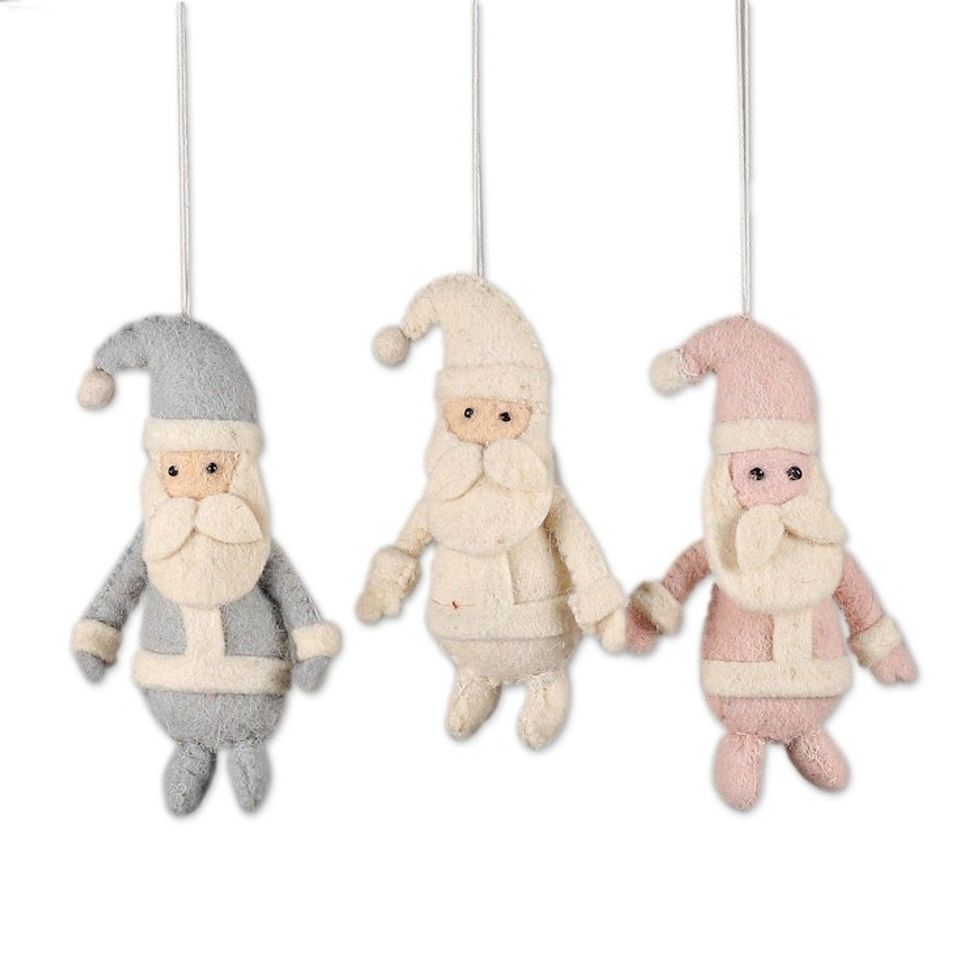 Santa-Themed Set of 3 Wool Felt Ornaments Crafted in India 'Santa Spirit'