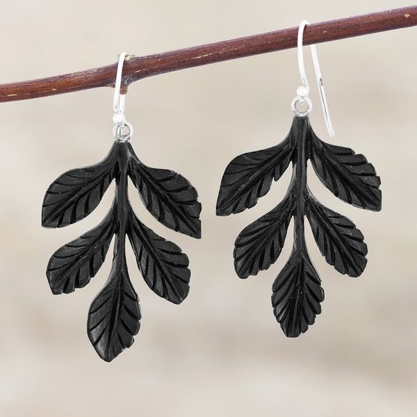Alternate image for Leaf Cluster Ebony Wood Dangle Earrings Leafy Bouquet