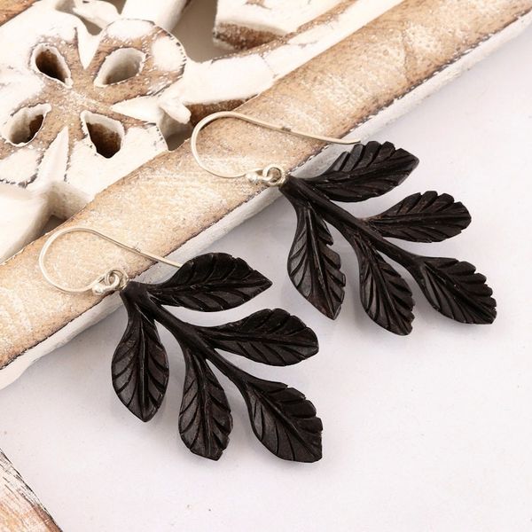 Alternate image for Leaf Cluster Ebony Wood Dangle Earrings Leafy Bouquet
