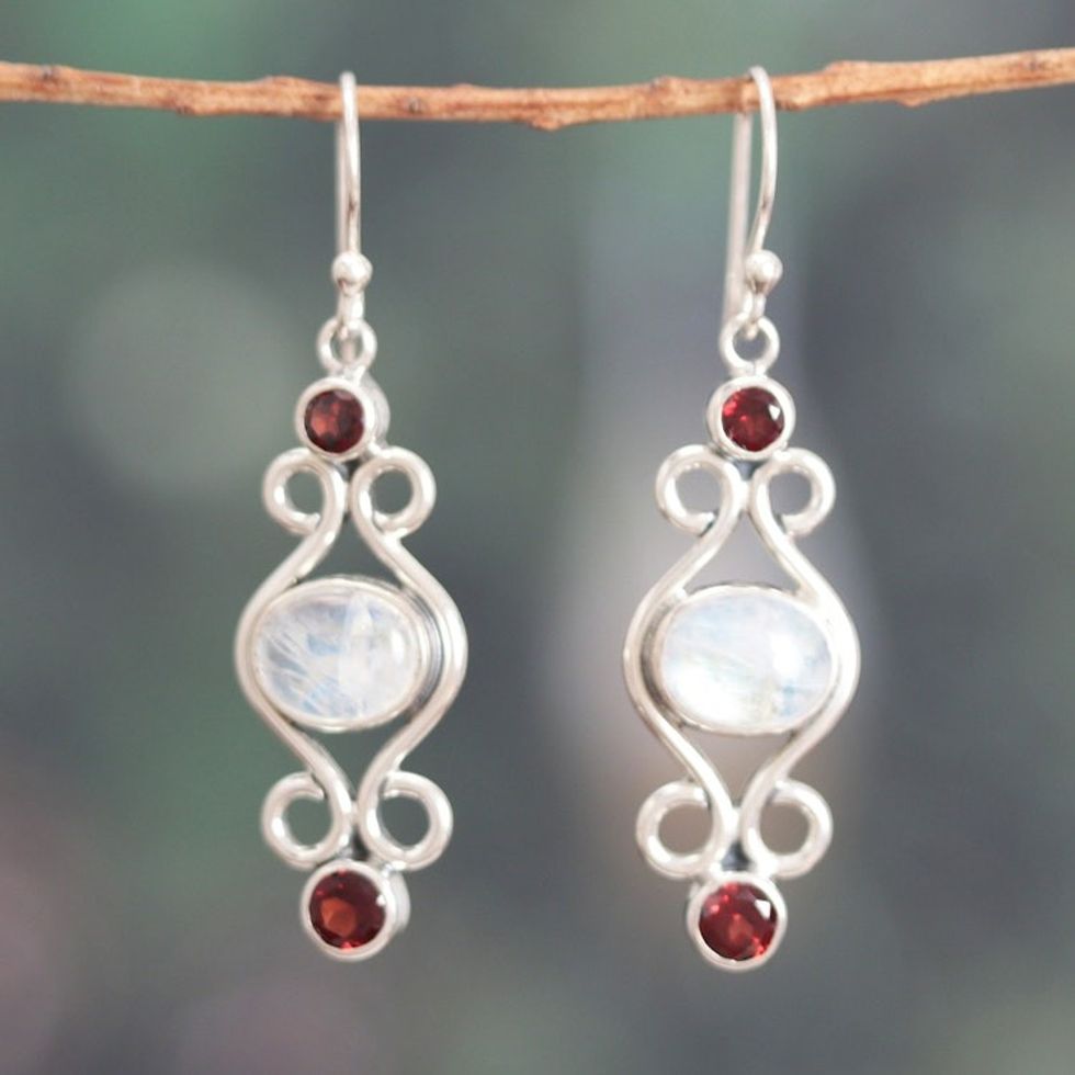 Classic Natural Rainbow Moonstone and Garnet Dangle Earrings 'Moony Love'