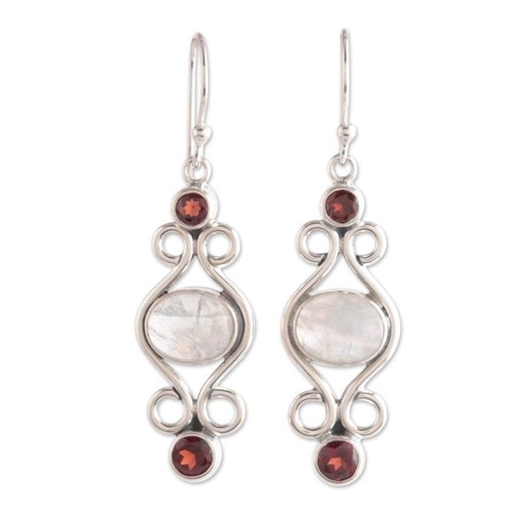 Alternate image for Classic Natural Rainbow Moonstone and Garnet Dangle Earrings Moony Love