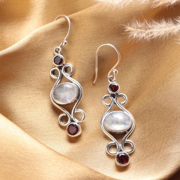 Alternate image for Classic Natural Rainbow Moonstone and Garnet Dangle Earrings Moony Love