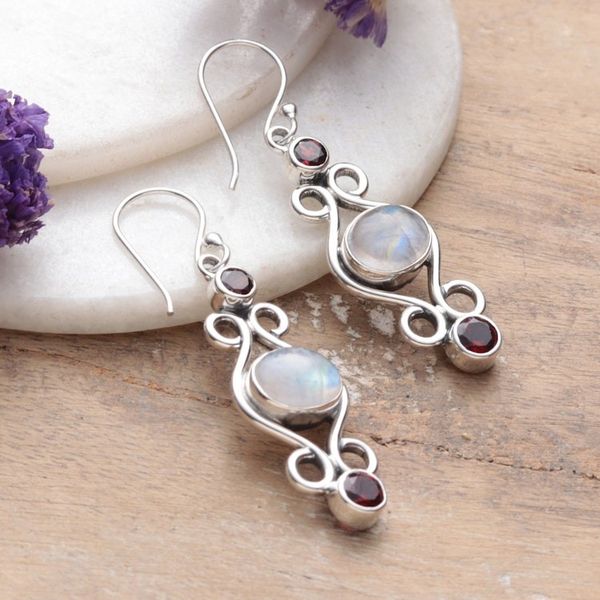 Alternate image for Classic Natural Rainbow Moonstone and Garnet Dangle Earrings Moony Love