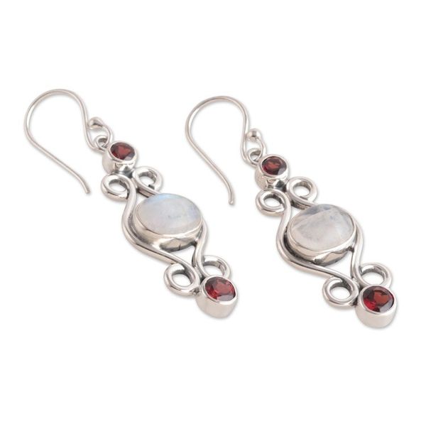 Alternate image for Classic Natural Rainbow Moonstone and Garnet Dangle Earrings Moony Love