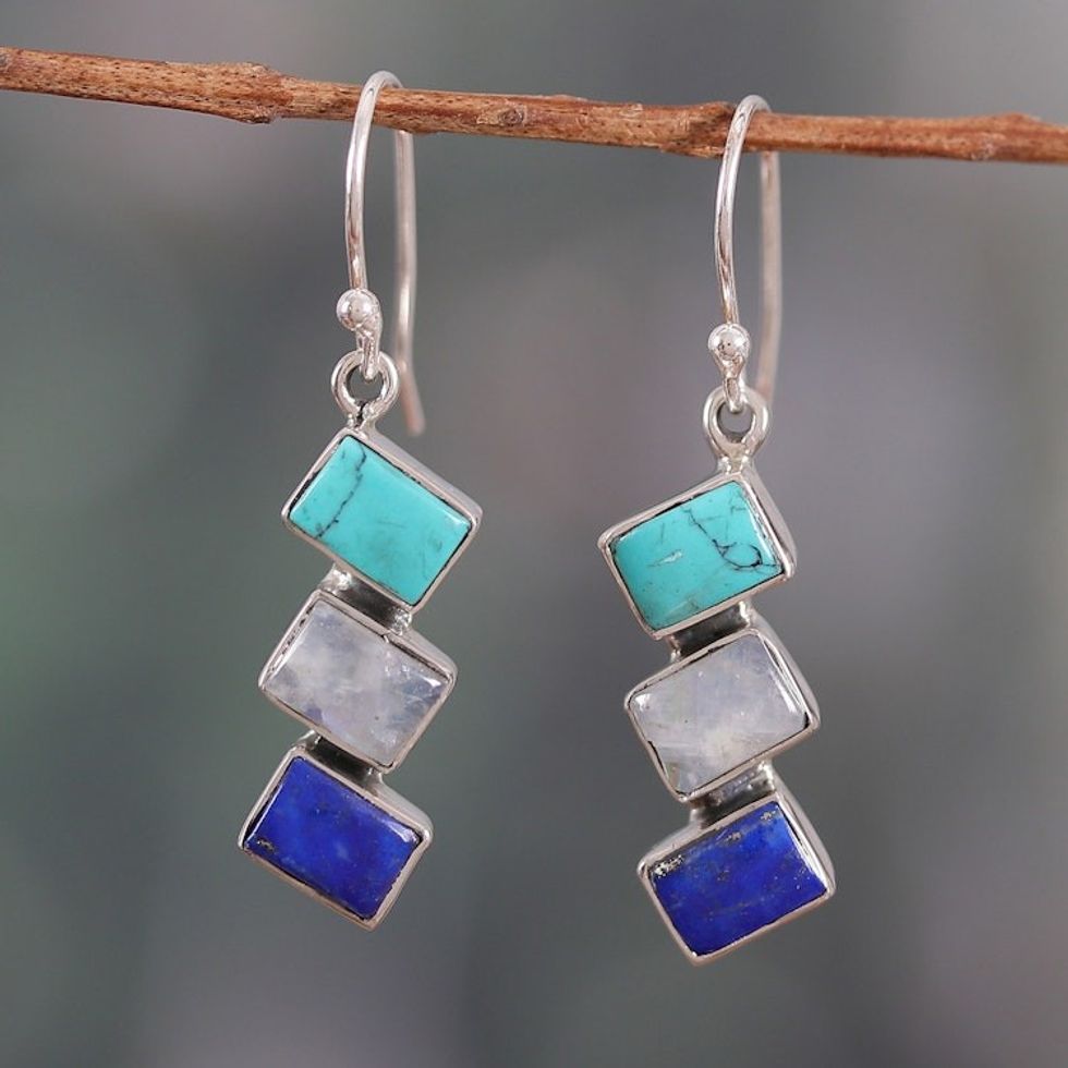 Geometric Blue-Toned Multi-Gemstone Dangle Earrings 'Oceanic Ladders'