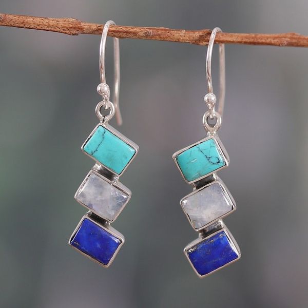 Alternate image for Geometric Blue-Toned Multi-Gemstone Dangle Earrings Oceanic Ladders