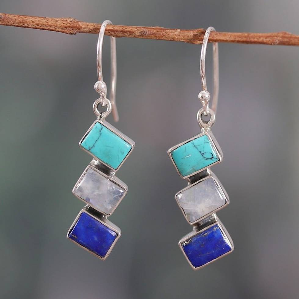 Geometric Blue-Toned Multi-Gemstone Dangle Earrings 'Oceanic Ladders'